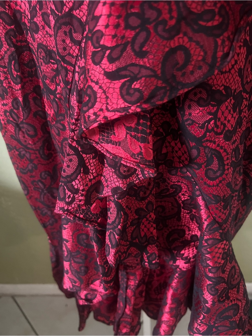 Red and Black Lace-Pattern Ruffle Dress